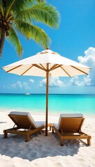 Obraz premium Relaxing beach scene with comfortable beach beds under a large umbrella providing shade and a tranquil atmosphere for a perfect summer day , umbrella, breeze