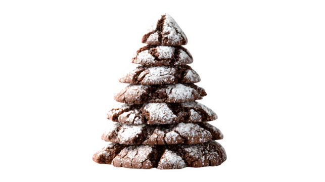 A chocolate crinkle Christmas tree cookie, rich dark texture, lightly dusted with powdered sugar. Rustic and inviting, isolated on white background.