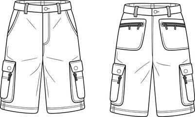 Cad drawing flat vector illustration, cargo shorts technical sketch, fashion design template, apparel blueprint, garment construction, clothing pattern layout