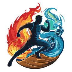 Elemental Warrior Illustration – Fire, Water, Air, Earth Surrounding Muscular Figure in Dynamic Pose