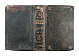 Fully unfolded antique book cover with aged leather texture and vintage look, isolated on transparent background. THIS IS REAL PHOTO, NOT IS GENERATIVE AI
