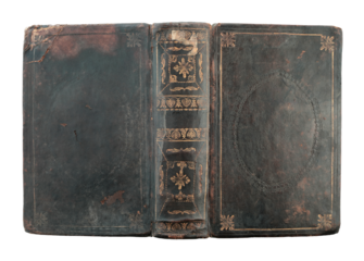 Fully unfolded antique book cover with aged leather texture and vintage look, isolated on transparent background. THIS IS REAL PHOTO, NOT IS GENERATIVE AI