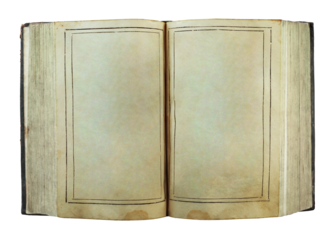 Open antique book with blank pages decorated by simple frame, isolated on transparent background. THIS IS REAL PHOTO, NOT IS GENERATIVE AI