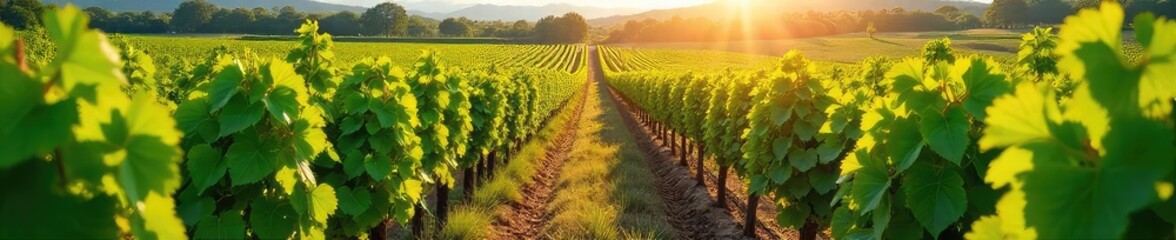 Obraz premium Rows of lush, green grapevines stretching across a sun-drenched vineyard, ready for harvest The perfect image for wine country, viticulture, or agriculture projects , countryside, nature