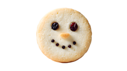A classic frosted shortbread cookie, cut into a snowman shape with raisin eyes. Nostalgic, homemade feel, isolated on white background.