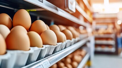Fresh farm eggs on supermarket shelf Organic poultry products, natural food display, grocery store, healthy shopping close-up on blurred background