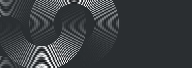 Dark gray abstract background with glowing white circle lines. Modern curved line background concept for banners, covers, posters, websites, presentations, brochures, flyers and headers.