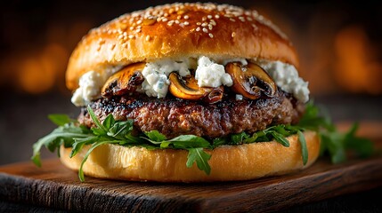 Professional food photography captures a gourmet burger with a thick beef patty, wild mushrooms, and creamy aioli on a rustic wooden board.