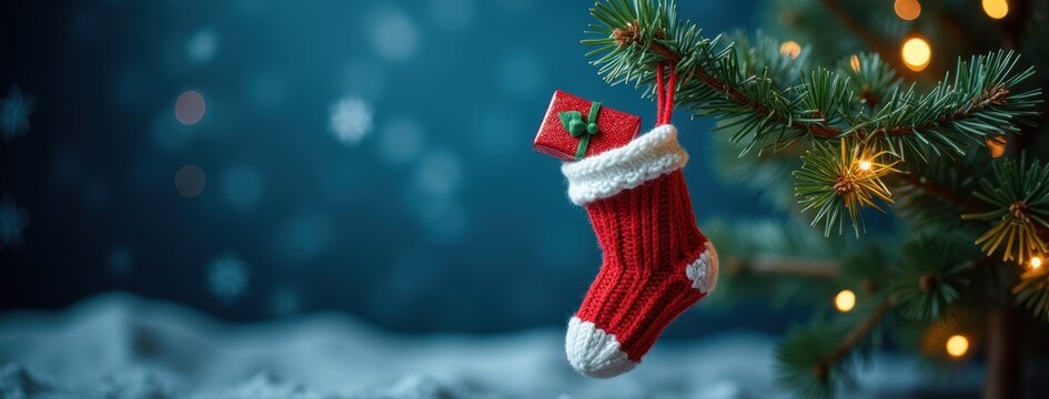 Christmas gift box inside Christmas sock hanging on a Christmas tree branch with garland lights against dark blue bokeh background with snowflakes and snow underground