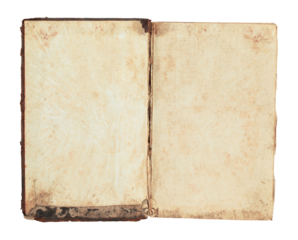 Open antique book showing blank aged pages, isolated on transparent background. THIS IS REAL PHOTO, NOT IS GENERATIVE AI