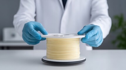 3D printer technician A person in gloves is holding a spool of wire in a lab setting.