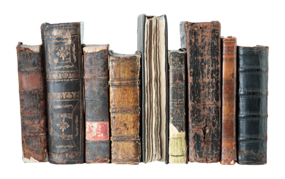 Collection of antique books standing in a row, isolated on transparent background. THIS IS REAL PHOTO, NOT IS GENERATIVE AI