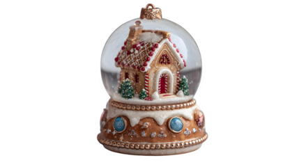 A close-up of a Christmas ornament, a tiny, detailed snow globe with a gingerbread house inside. Intricate and magical, macro photography, isolated on white background.