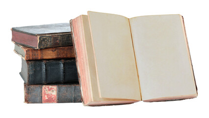 Stack of antique books with one open book showing blank pages, isolated on transparent background. THIS IS REAL PHOTO, NOT IS GENERATIVE AI