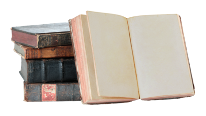Stack of antique books with one open book showing blank pages, isolated on transparent background. THIS IS REAL PHOTO, NOT IS GENERATIVE AI