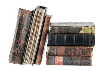 Stack of antique books, isolated on transparent background. THIS IS REAL PHOTO, NOT IS GENERATIVE AI