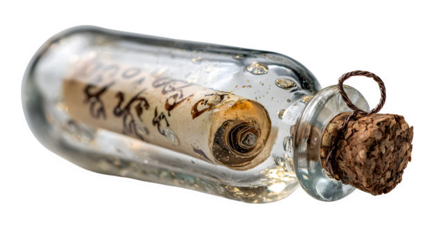 A close-up of a Christmas ornament, a tiny, detailed glass bottle with a rolled-up scroll inside. Intricate and magical, macro photography, isolated on white background.