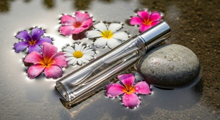 Glass perfume bottle surrounded by colorful flowers and stone  