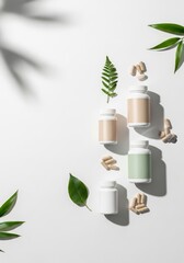 Extracts and supplements bottles with green leaves on white background  