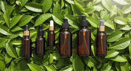 Dark glass bottles with essential oils on green leaves background  