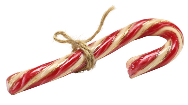 A close-up of a striped red and white candy cane, with a golden thread tied to its top, ready to hang. Clean product photography, sharp detail, isolated on white background.