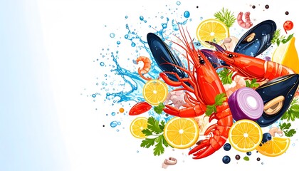 Vibrant Seafood Feast with Lemon, Water Splash, and Fresh Herbs Illustration