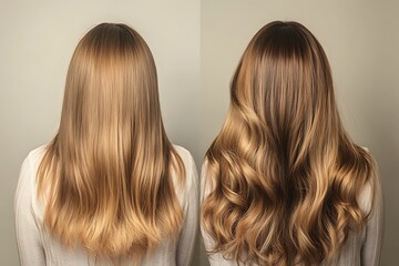 A before and after hair treatment visual, showcasing the transformation and beauty of a woman's long hair.