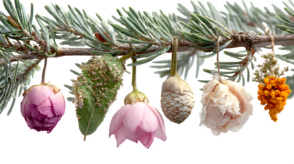 A close-up view of a Christmas tree branch, showcasing a collection of delicate, real dried flower and herb ornaments. Botanical, natural, isolated on white background.