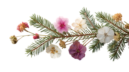 A close-up view of a Christmas tree branch, showcasing a collection of delicate, real miniature pressed flower ornaments. Botanical, natural, isolated on white background.