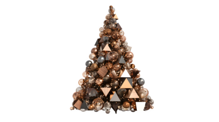 A contemporary Christmas tree, decorated with abstract metallic bronze and copper geometric ornaments, illuminated by artistic downlighting. Modernist, bold, isolated on white background.