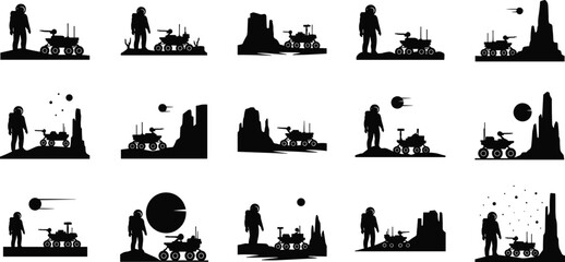 Black silhouette illustration, astronauts with rovers, extraterrestrial landscapes, planets, spacecraft, rocky terrains, cosmic exploration, futuristic space science, technology artwork