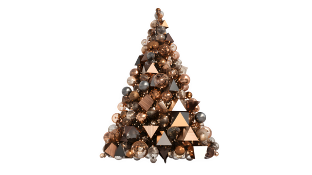 A contemporary Christmas tree, decorated with abstract metallic bronze and copper geometric ornaments, illuminated by artistic downlighting. Modernist, bold, isolated on white background.