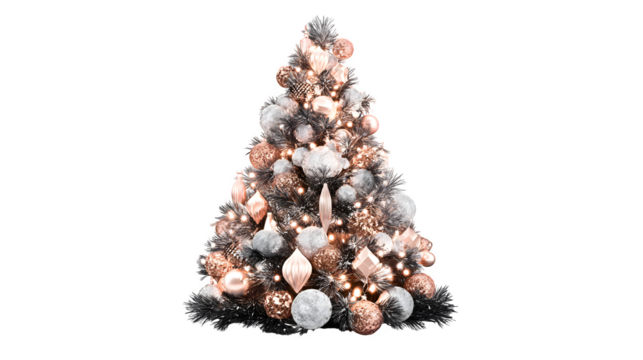 A contemporary Christmas tree, decorated with abstract metallic rose gold and silver geometric ornaments, illuminated by artistic up-lighting. Modernist, bold, isolated on white background.
