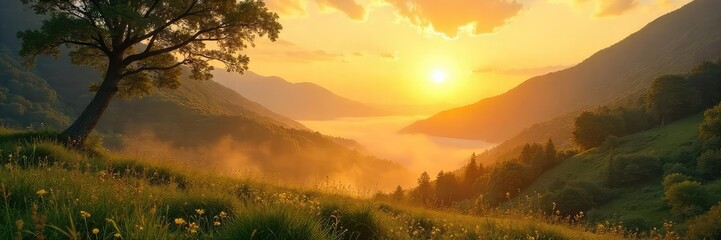 Fototapeta premium Serene landscape bathed in golden sunlight, evoking feelings of peace, tranquility, and spiritual connection with nature Perfect for meditation, yoga, or mindfulness themes , clouds, hope