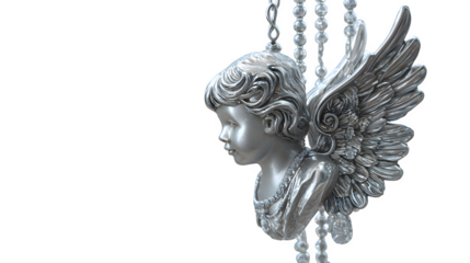 A delicate, silver-colored angel ornament. Photorealistic render, soft focus background, isolated on white background.