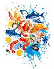 Vibrant Seafood Medley with Artistic Splashes