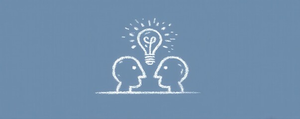 Two silhouettes discuss ideas under a glowing chalk lightbulb in a minimal illustration