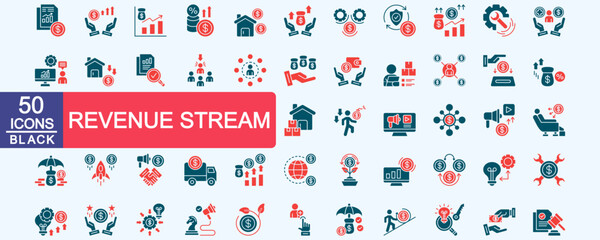 Revenue stream icon set collection. Consist of income statement, revenue, sales, interest rate, rental income, gross profit, operating expenses, insurance. Simple vector glyph red illustration.