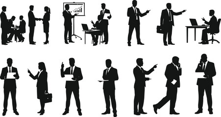 Business professional silhouette set, corporate teamwork illustration, meeting discussion, presentation board, communication, office workers, collaboration and workplace design