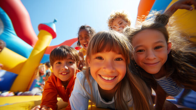 Children Having Fun on Bouncy Castle in Sunny Playground