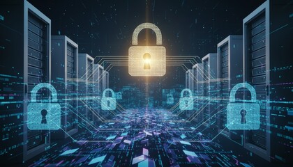 Digital security concept with glowing padlock in server room.