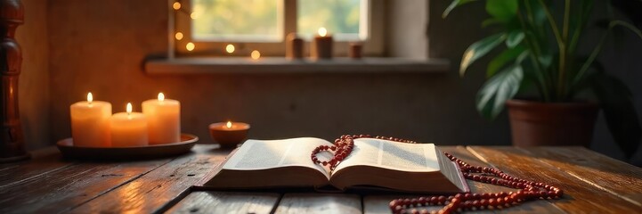 Serene prayer room with candles, rosary beads, and open Bible; peaceful sanctuary for quiet contemplation and spiritual reflection , buddhism, faith