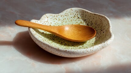 Small ceramic bowl with a wooden spoon resting on top of it. the bowl is white with a green speckled pattern and has a scalloped edge.
