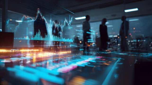 Futuristic office with holographic data interfaces and professionals analyzing glowing financial charts.
Concept: Artificial intelligence in business, data analytics, futuristic workplace, digitalal i