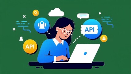 Programmer Using Laptop With API Icons, Illustrating Software Development and Technology Concepts