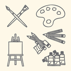 Art supplies icon set easel paintbrushes pencils palette tubes for creative projects vector