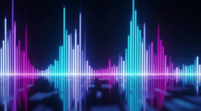 Abstract digital sound wave equalizer with neon lights reflecting on a glossy surface in a dark room