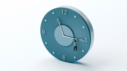 Man hanging from clock hand on large clock face, running out of time urgency pressure deadline, 3d render