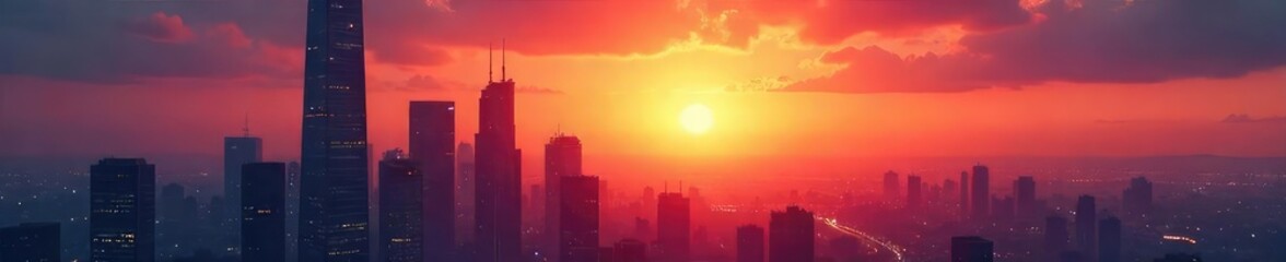 Fototapeta premium Silhouetted cityscape at dawn, futuristic architecture reaching towards a radiant sky, symbolizing hope and faith in a technologically advanced future , dreams, urban