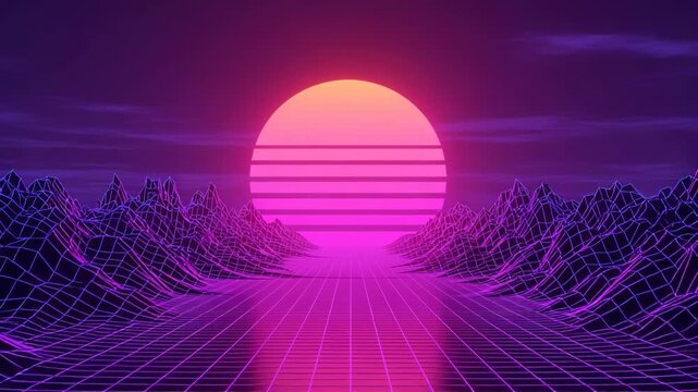 Retro wave landscape with neon grid and sun